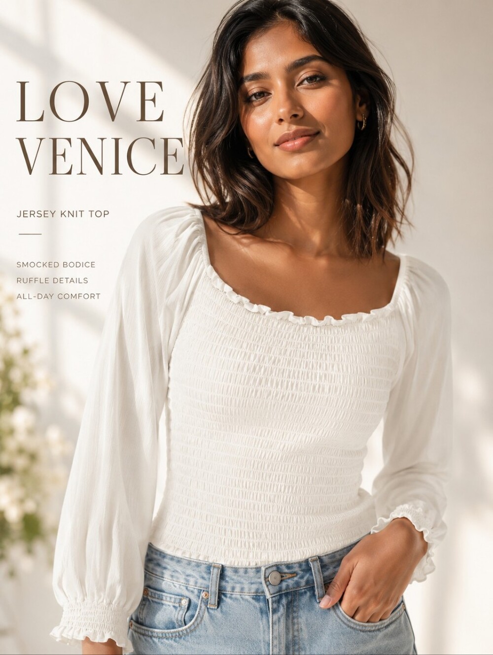 VENICE LOVE Feminine Sheared soft jersey  ruffled neckline long slv top SzM